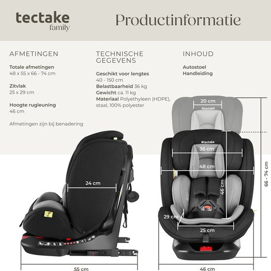 tectake® Siège auto pivotant - Siège bébé - homologué i-Size - Siège auto Isofix - Siège rehausseur - Siège auto enfant - Harnais 5 points - De la naissance à 150cm/36kg
