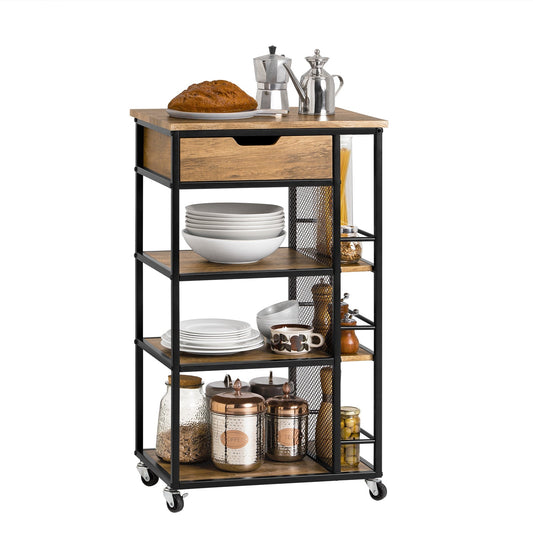 SoBuy FKW99-N Chariot de service - 6 étagères et 1 tiroir - 50x37x87 cm - Noir/Bois