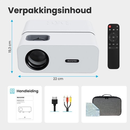 Projecteur 170 pouces - Auronic Beamer - Télécommande et sac de transport - 10 000 Lumens - WiFi  - Full HD - Câble HDMI - Blanc