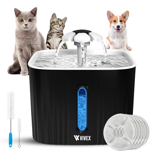 Vivex® Drinking Fountain - Fontaine à eau pour chats et chiens - 5 filtres et outil de nettoyage inclus - Silencieux comme une souris