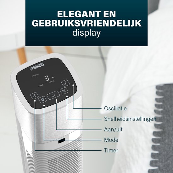 Ventilateur colonne intelligent – Sans pales – Avec application et télécommande – Minuterie – Économe en énergie – Princess 358275 – Blanc