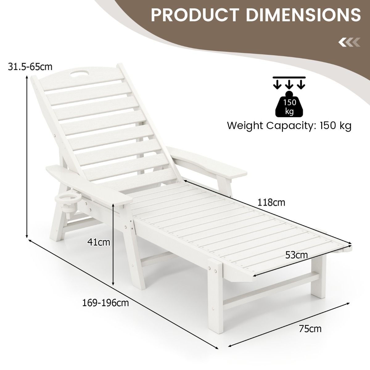 Chaise longue de jardin Coast - Dossier réglable sur 4 positions - Porte-gobelet pivotant - Blanc