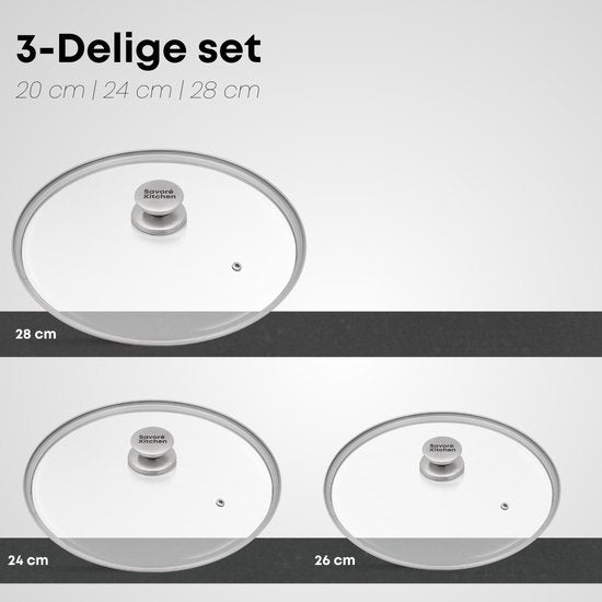 Savoré Kitchen Pan Lid Set 3-piece - Couvercle pour poêle Ø 20, 24, 28 cm - inox - Verre