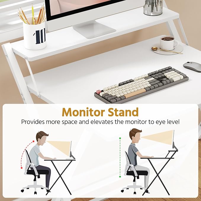 Bureau pliable Yaheetech 80 x 50 cm - Blanc - Bureau d'ordinateur avec support d'écran et étagère de rangement