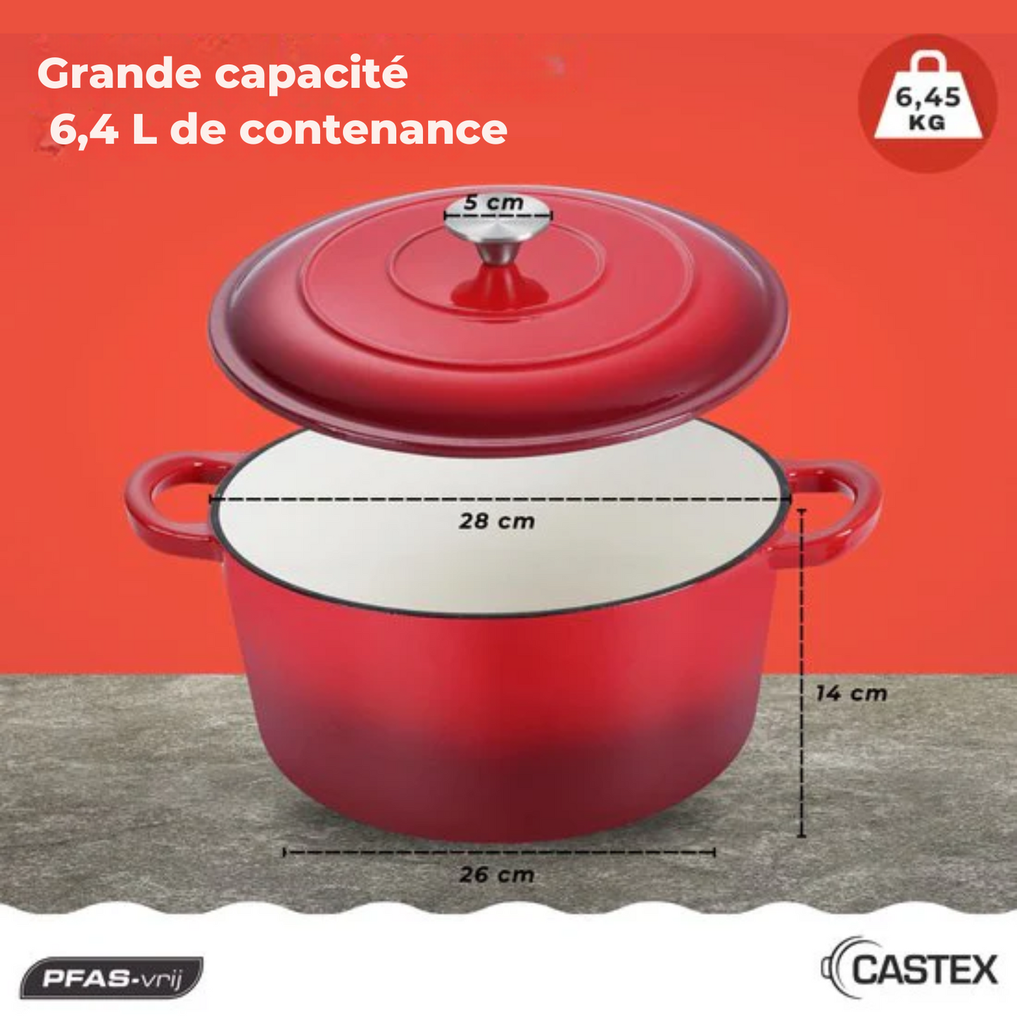 Cocotte - Castex - Casserole en fonte - Compatible toutes sources de chaleur - 6.4L - Rouge