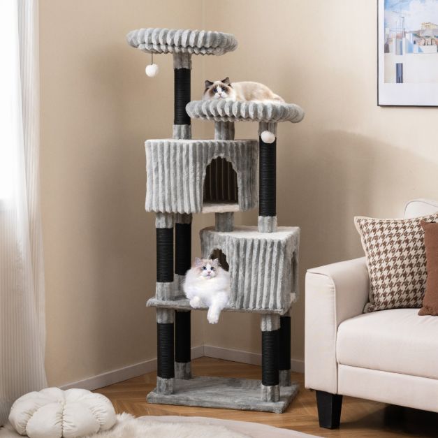 Arbre à chat Costway - 2 maisonnettes et 2 couchages - 59 x 40 x 156 cm - Gris clair