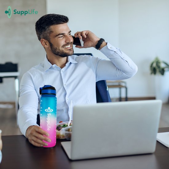 Gourde motivante Supplife - Gourde de 1 litre - Gourde avec repères horaires - Avec paille - Adultes - Enfants - Bleu et rose