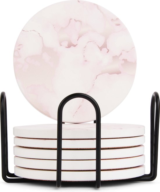 Castagnola Sous-verres en céramique avec support - Sous-verres pour verres - Sous-verres design - Sous-verres - Sous-verres à boire - Céramique - Liège - Lot de 6 - Rose/Blanc