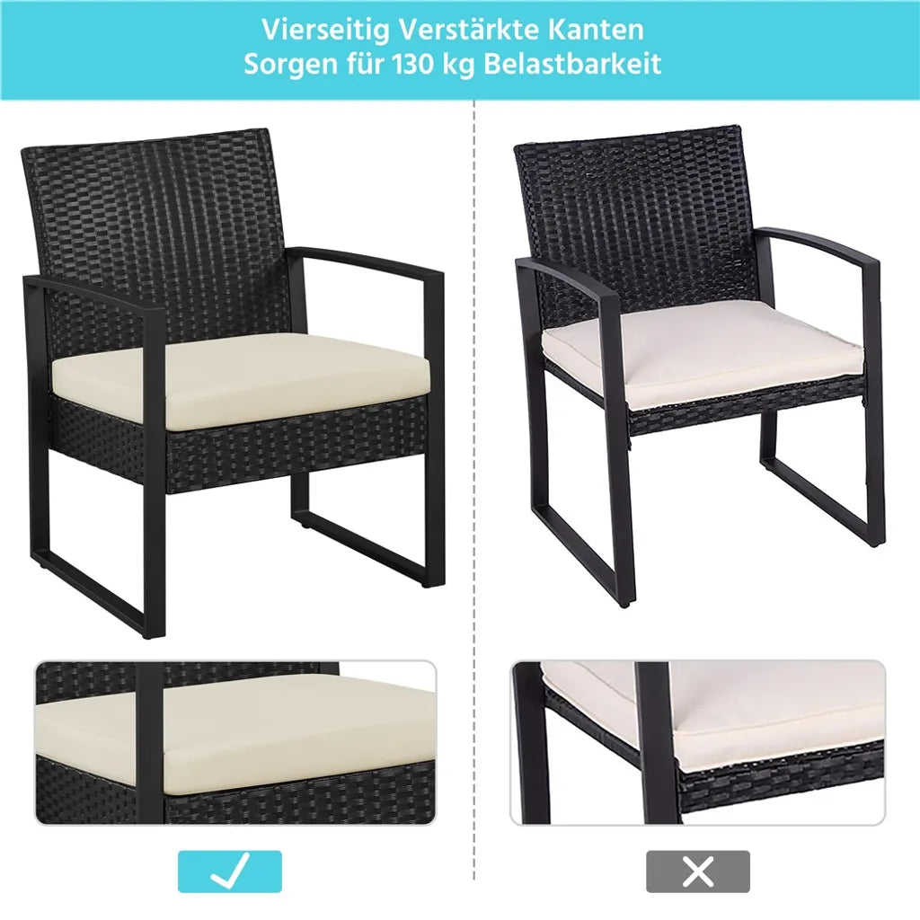 Ensemble de mobilier de jardin Yaheetech 3 pièces - Noir/Beige - Ensemble de balcon en polyrotin avec table d'appoint et plateau en verre