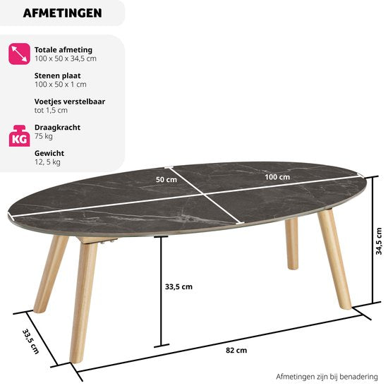 tectake® Coffee Table | Living Room Table, Oval Coffee Table with Wooden Legs | Marble Look | Weatherproof Side Table for Living Room, Terrace, Garden or Balcony - natural