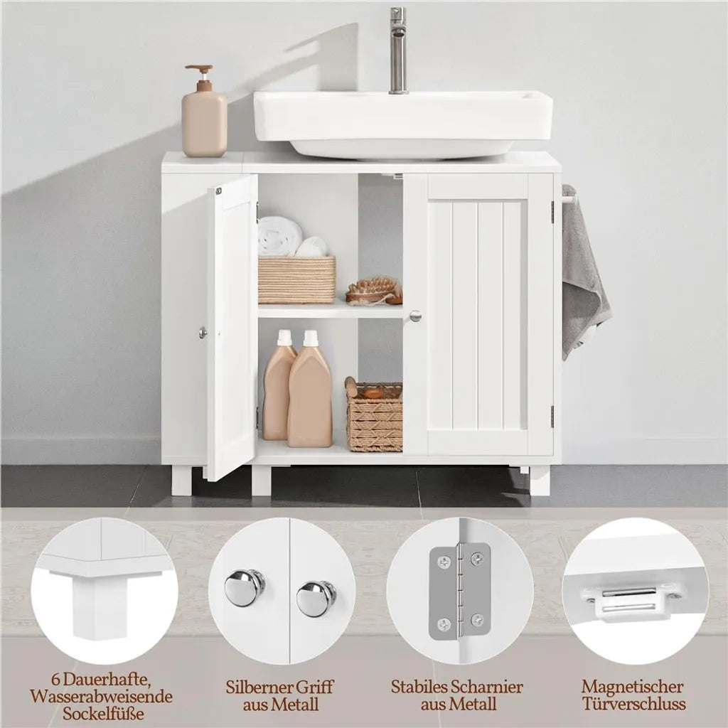 Meuble sous-lavabo Yaheetech 75 x 30 x 62 cm – Blanc – Avec 4 compartiments, des étagères ouvertes et un porte-serviettes