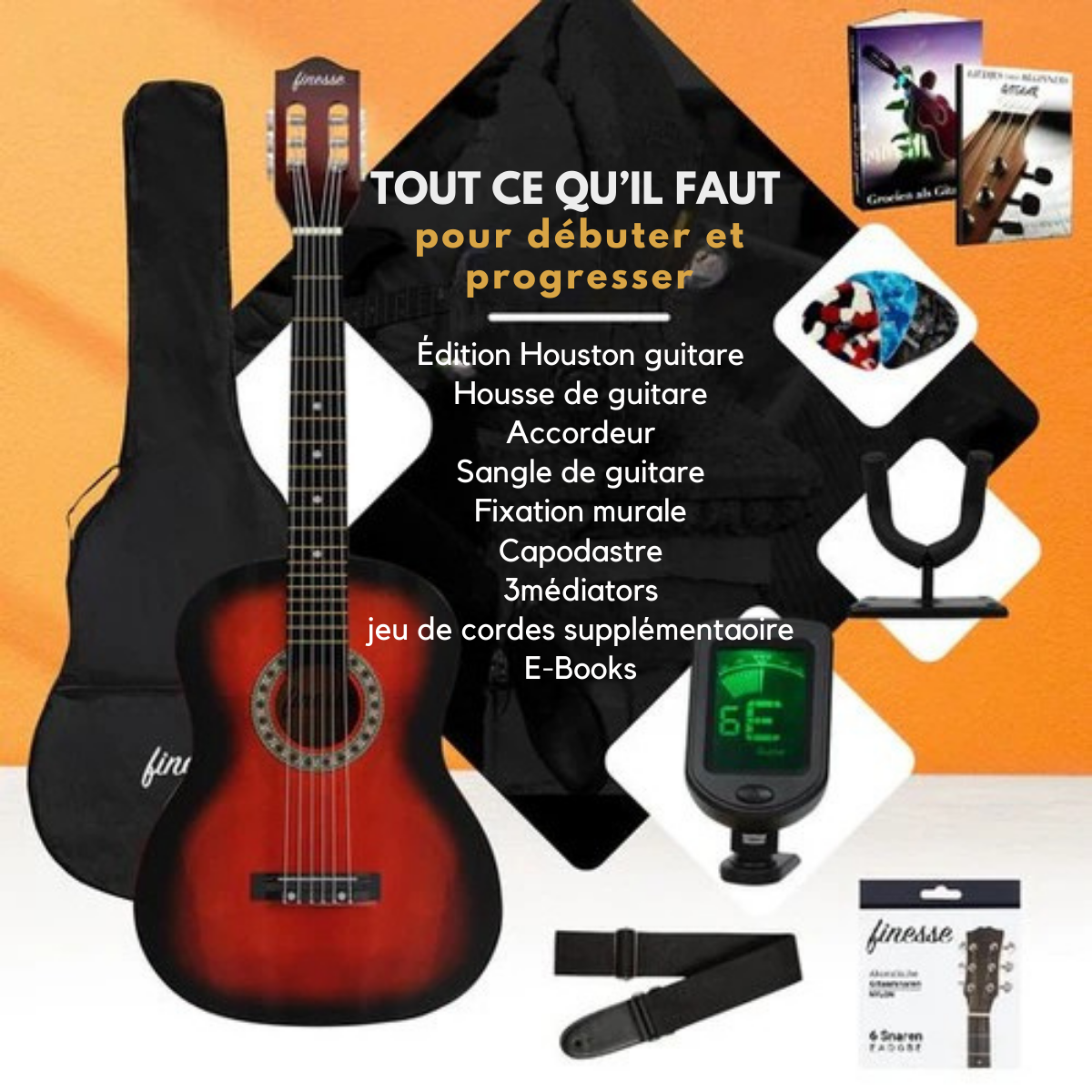 Guitare acoustique – Finesse – set débutant – Guitare classique, enfants et adultes – cordes en Nylon