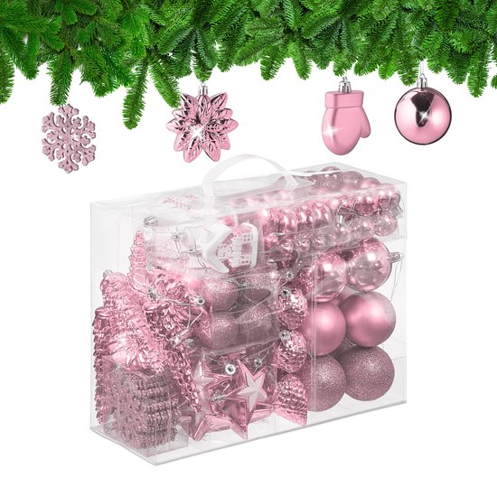 Lot de 100 boules de Noël - plastique - mat - brillant - pailleté - 10 motifs - rose