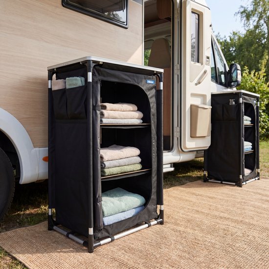 Armoire de camping pliable Tristar – Structure en aluminium – 3 étagères – Pieds réglables – Poches latérales – Sac de transport inclus – Noir - CU-0809