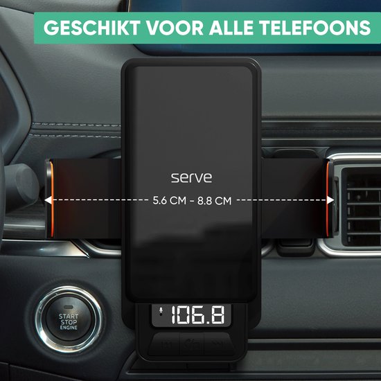 Serve 3in1 Bluetooth FM Transmitter, Phone Holder Car & Wireless Fast Charger 15W - Car Kit for Music - Phone Holders Car Accessories - Touchless Car Charger - Ventilation Holder