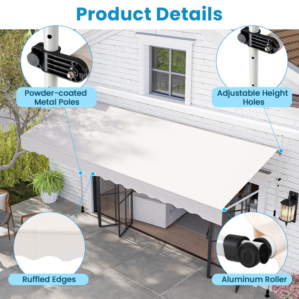 Coast 400x120/135/150x210-300 cm Blanc Store de balcon sans perçage avec sonnette - Pare-soleil à pinces réglable en hauteur