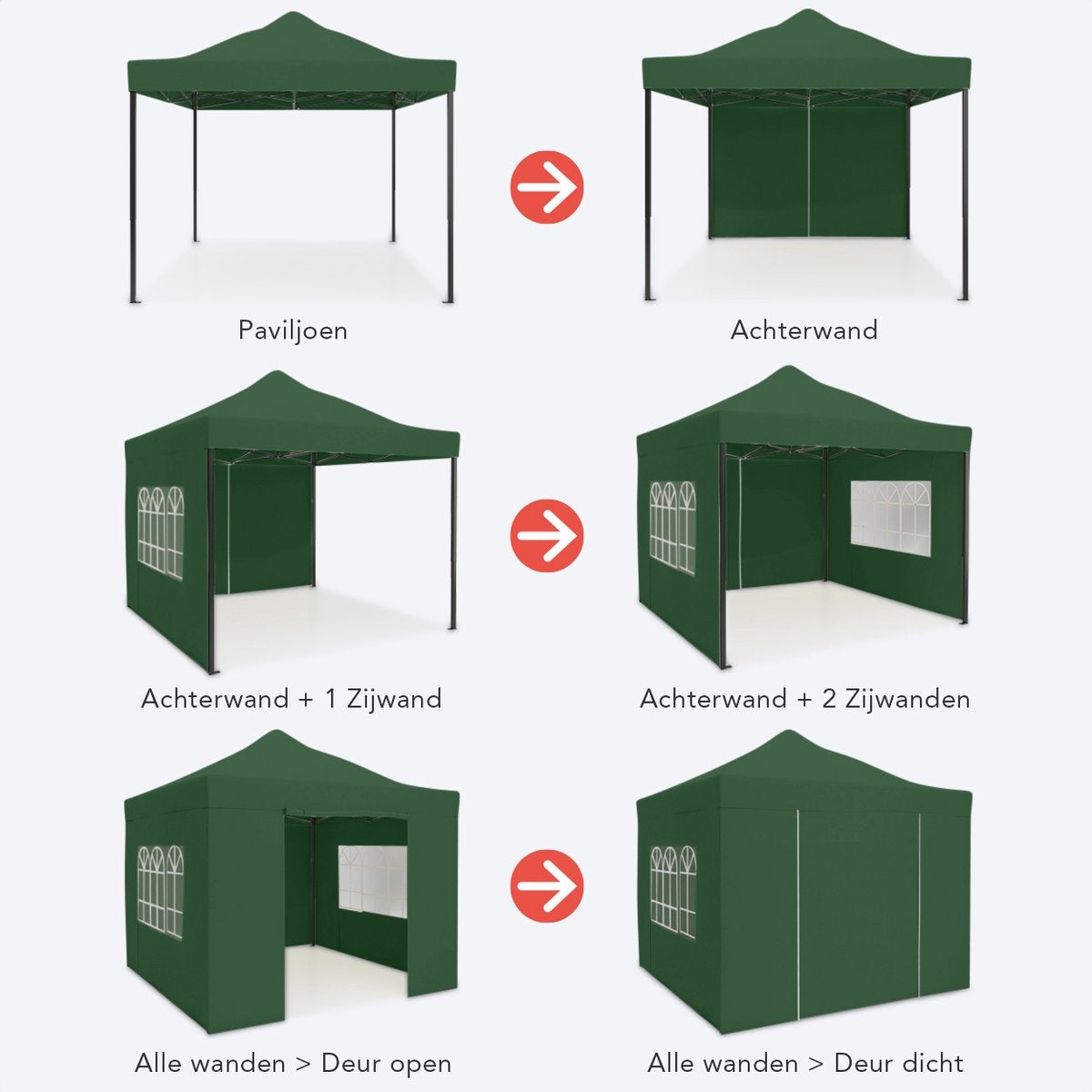 Chapiteau de jardin LifeGoods - 3x3 m - Pliable - Etanche - Parois - Sac de transport à roulettes - Vert foncé