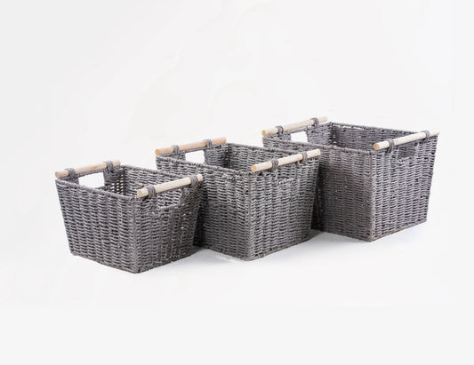 KEVAHOME : Paniers de rangement tissés à la main avec poignées en bois - Lot de 3 - Naturels et décoratifs
