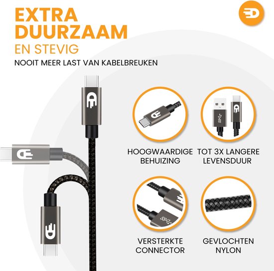 Drivv. Câble USB vers USB C - Chargeur rapide - Câble de données et de charge USB C - 2 mètres - Convient à Samsung, iPhone 15 et autres - Gris moderne