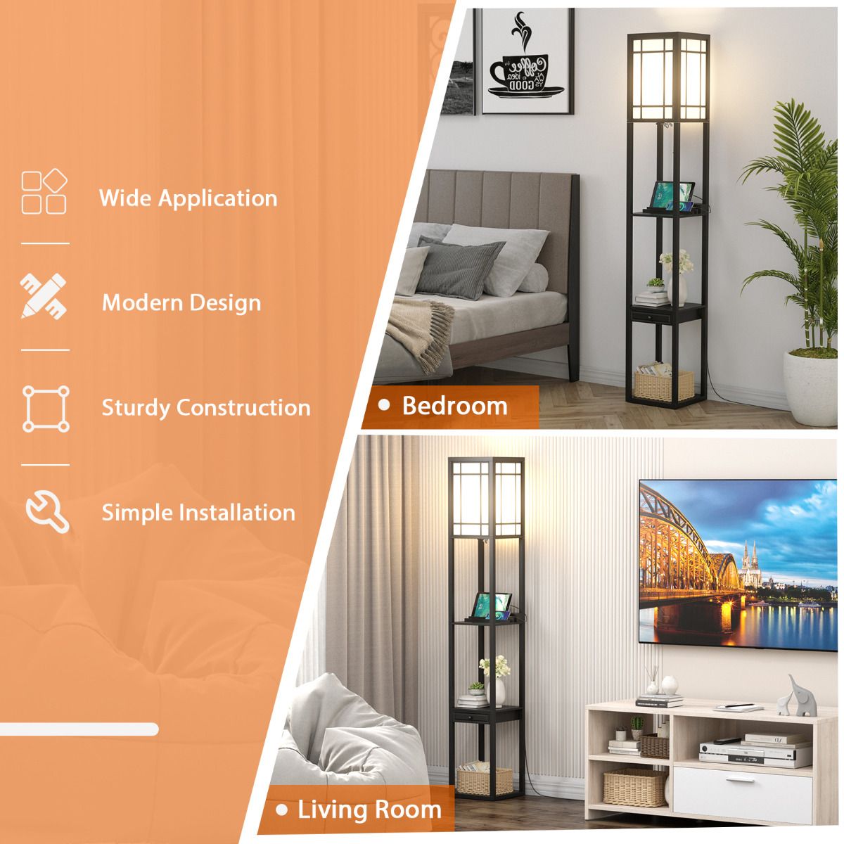 Lampadaire côtier avec 3 compartiments ouverts - 2 ports USB - 26 x 26 x 161 cm - Noir