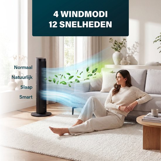 Ventilateur colonne Princess DC 91 cm – Ultra silencieux – 12 vitesses – 4 modes de ventilation – Oscillation à 90° – Minuterie 1 à 24 heures – Avec télécommande – Noir - 352370