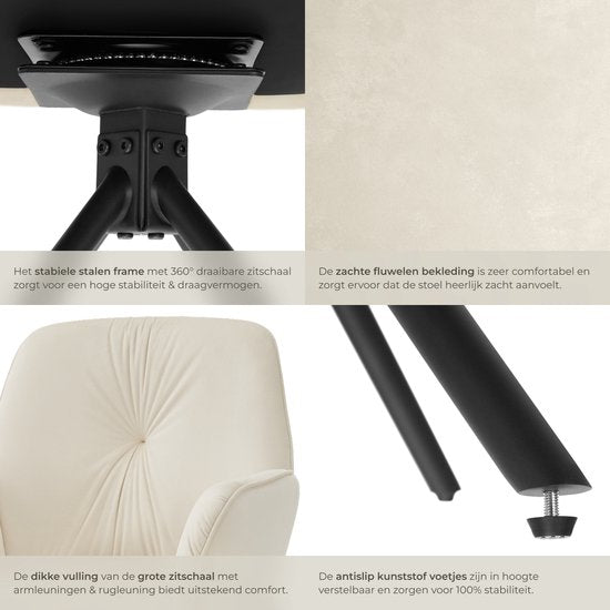 tectake® Chaise pivotante Lenia - Lot de 2 chaises pivotantes avec accoudoir - Chaise de salle à manger pivotante - Fauteuils pivotants - Tapissé - Velours aspect crème/noir