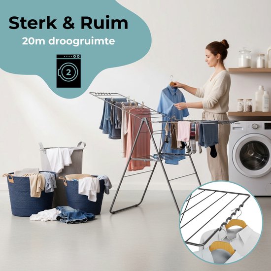 STAUS&BACH Étendoir à linge 20m - Robuste - Étendoir à linge pliable - vertical - Acier - Noir mat - Aeriq Compact