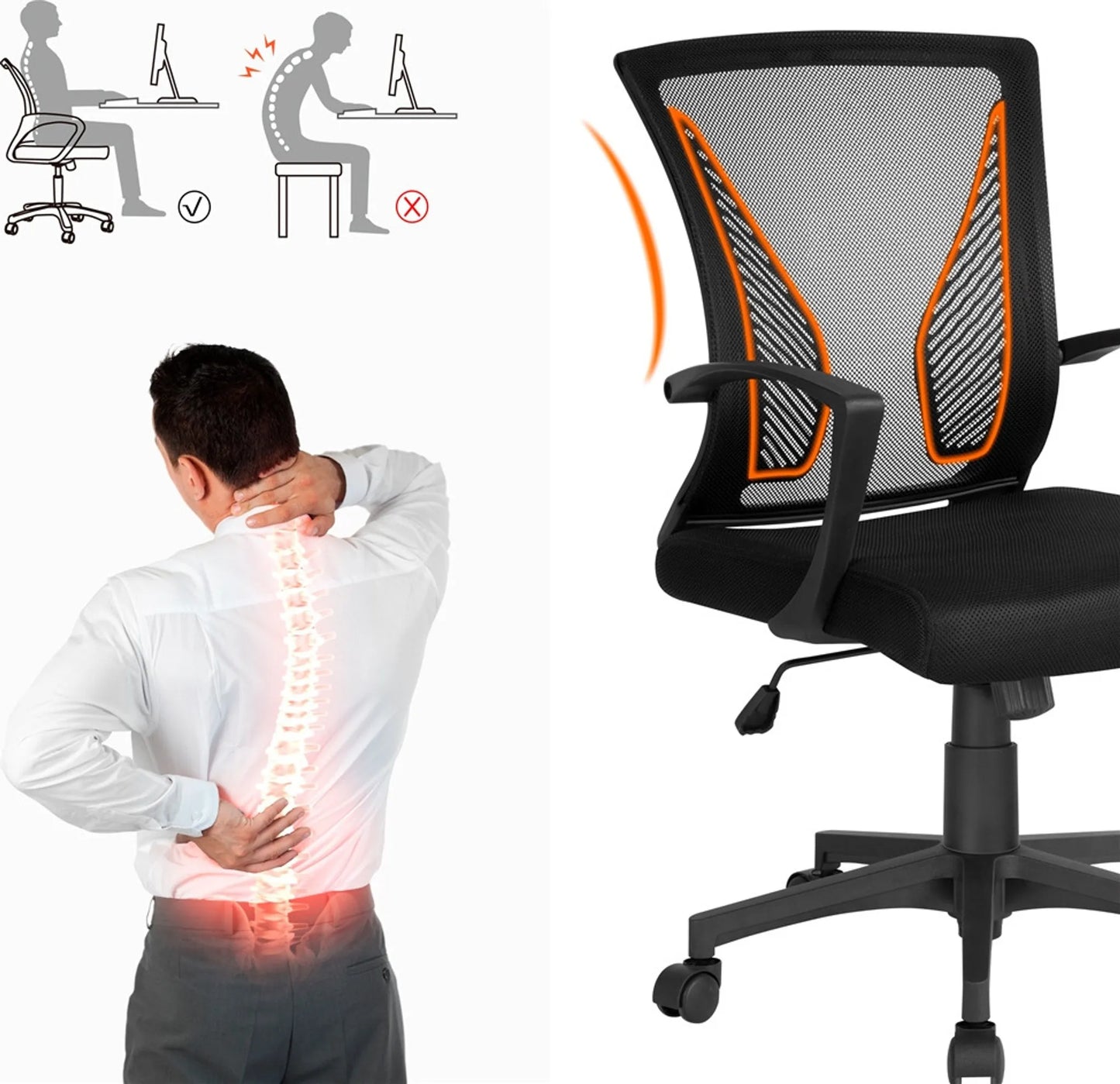Chaise de bureau ergonomique Yaheetech - avec tissu en maille respirant, fonction oscillante et hauteur d'assise réglable - pour le bureau et l'étude - Nylon noir et métal - 60 x 60 x 91-100,5 cm