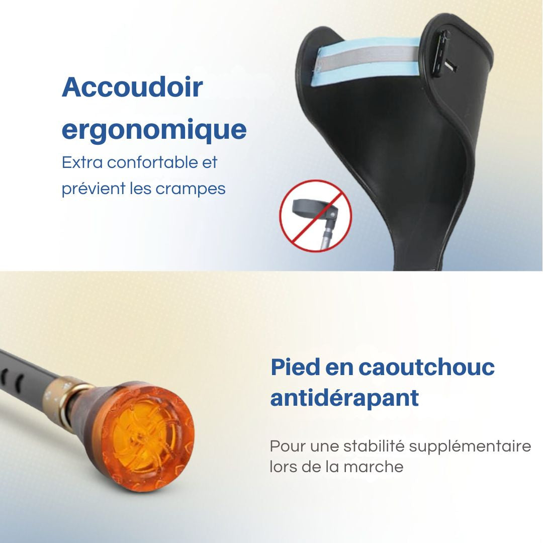 Ensemble de béquilles de marche et de coude SafeLife® - 2 pièces - Hauteur réglable - Design ergonomique - Stable et léger - Aluminium noir et plastique