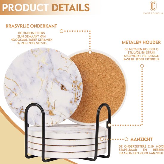 Castagnola Sous-verres en céramique avec support - Sous-verres pour verres - Sous-verres design - Sous-verres - Sous-verres à boire - Céramique - Liège - Lot de 6 - Blanc/Or