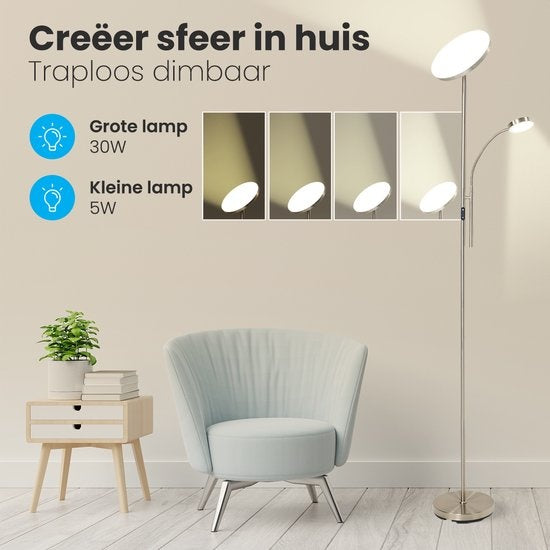 Auronic Floor Lamp - Lampadaire industriel - 181cm - LED - Dimmable et inclinable - avec télécommande - Adapté au salon - Silver
