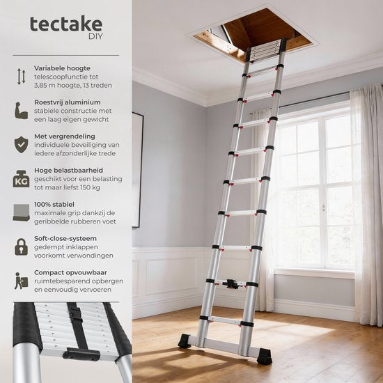 Échelle télescopique tectake® à 13 échelons - Échelle pliante - 3,85 mètres - Fermeture en douceur - Antidérapante - Échelle télescopique extensible - Échelle à marches - Échelle légère en aluminium - Verrouillage fiable