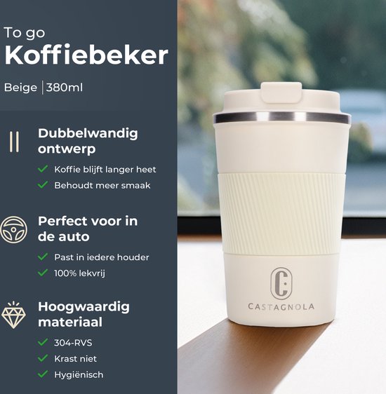 Mug thermos Castagnola - Tasse à café à emporter - Mug de voyage pour le café et le thé - Mug à thé - 380 ML - Acier inoxydable - Blanc cassé