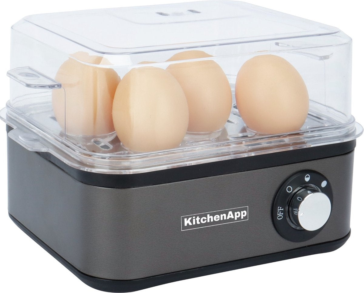 KitchenApp Chaudron à oeufs électrique - Convient pour 8 oeufs - Avec minuterie - Inclut un gobelet gradué - Gris argenté