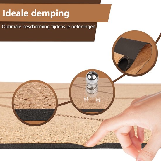 DH FitLife Tapis de yoga en liège et TPE, tapis 183 x 61 x 0,6 cm, tapis de fitness, antidérapant et écologique, tapis de sport naturellement autonettoyant, tapis de yoga avec lignes d'orientation (big lotos)