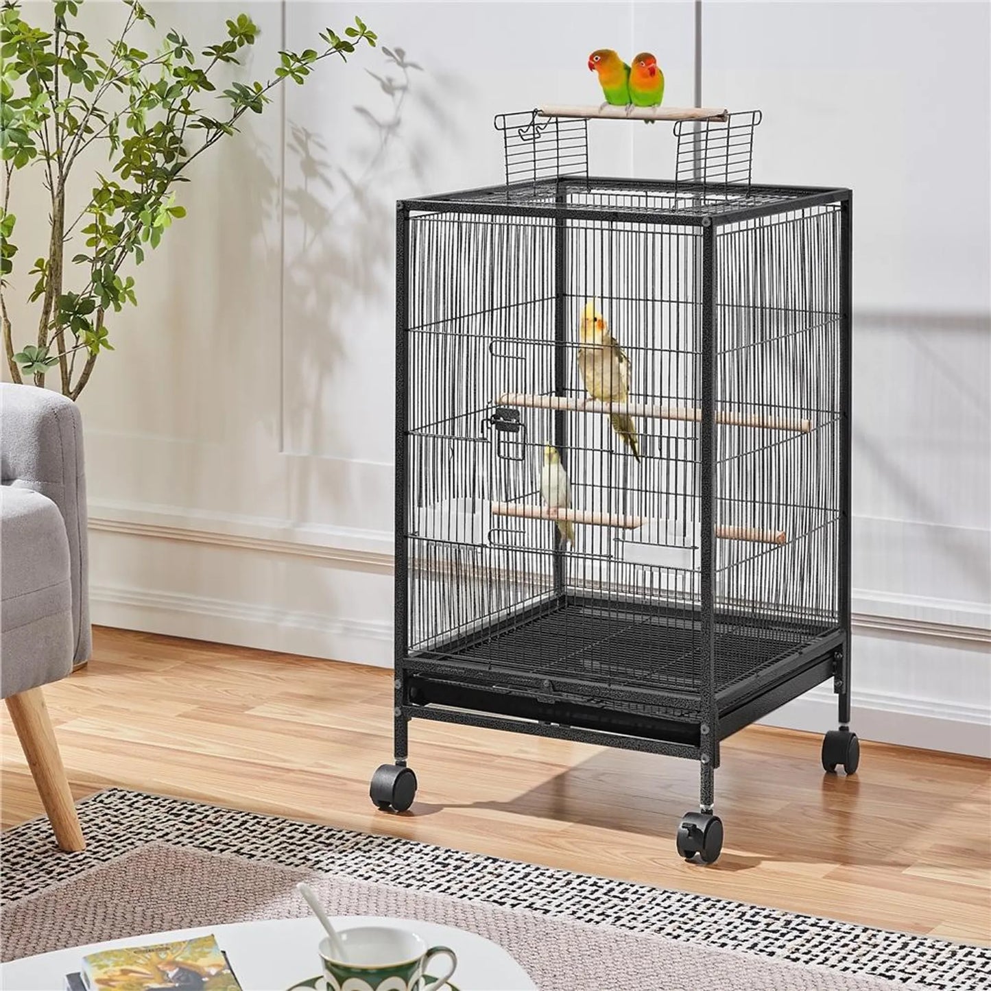 Yaheetech Cage à oiseaux avec toit ouvert - 45,5 x 45,5 x 79 cm - avec roues amovibles et tiroir inférieur extractible et revêtement en poudre martelée - pour perruches et canaris - métal noir et bois