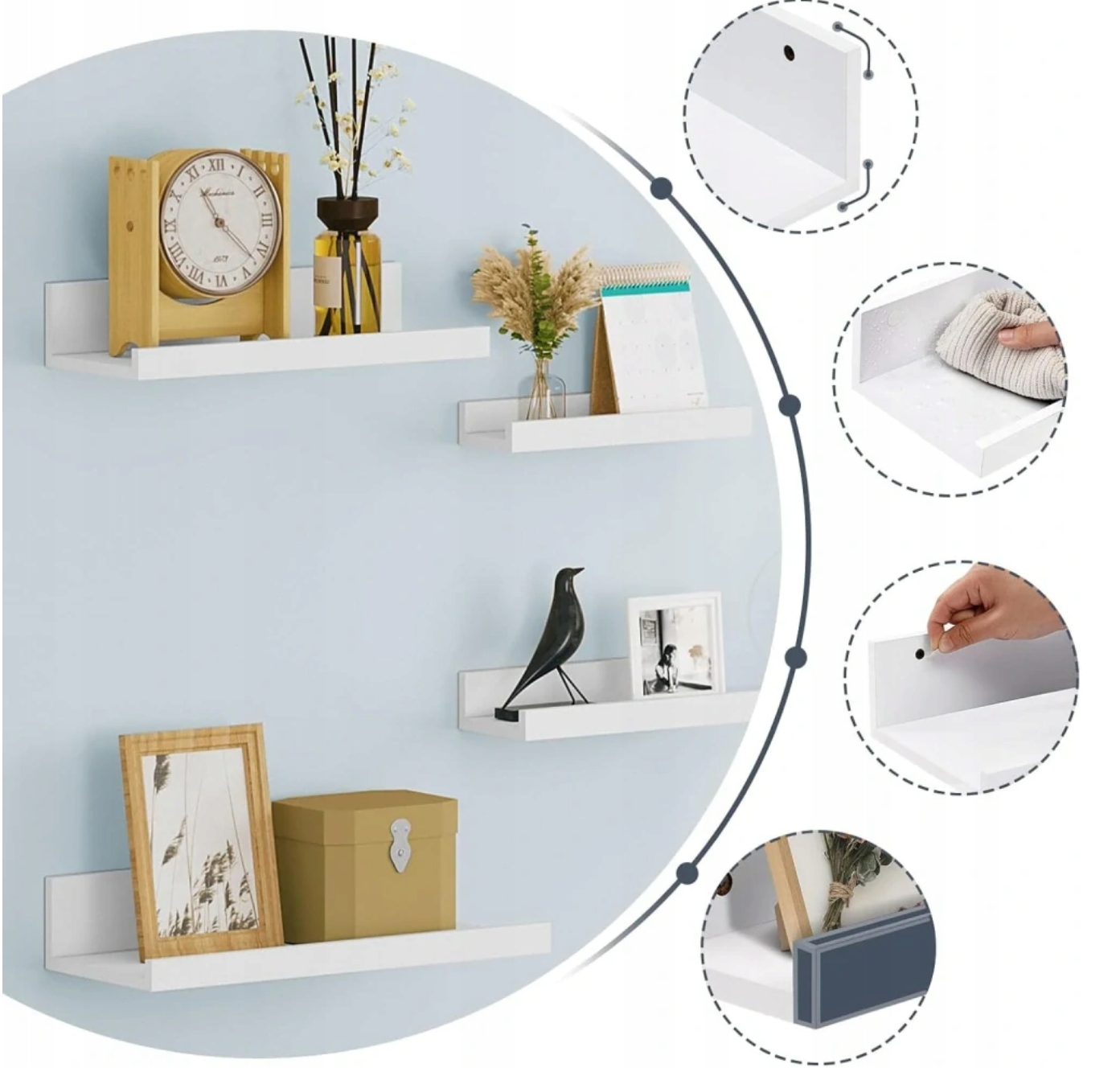 Ensemble de 5 étagères murales Eugad - MDF blanc - 40 x 16 x 8 cm - Étagères murales modernes pour le salon, la chambre, la cuisine et l'entrée