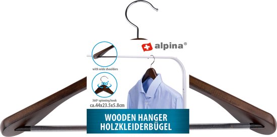 alpina Cintre bois - Cintre 1 pièce - épaules larges et antidérapant - 44 x 23.5 x 5.8 CM
