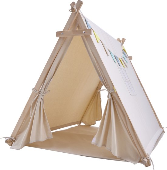 Sunny Sienna Tente de jeu avec drapeaux et tapis de sol crème - Tente Tipi Wigwam pour enfants avec pendule et sac de rangement - Arceaux en bois FSC - 120x100x105cm