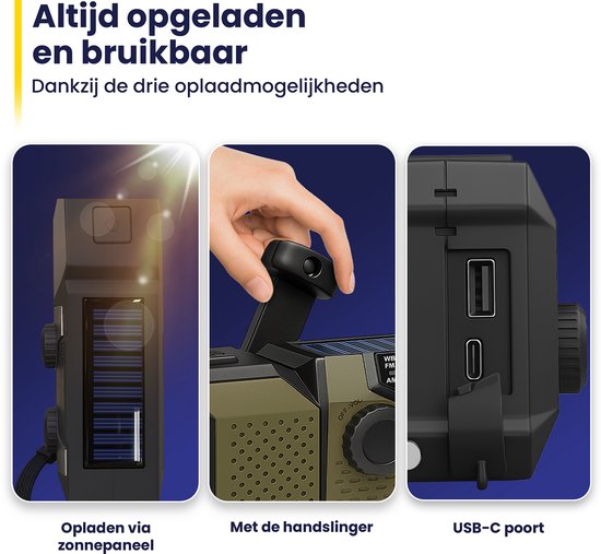 ODESSEY Radio d'urgence solaire rembobinable - 2000 mAh Powerbank - Lampe de poche - Radio portable - Kit d'urgence