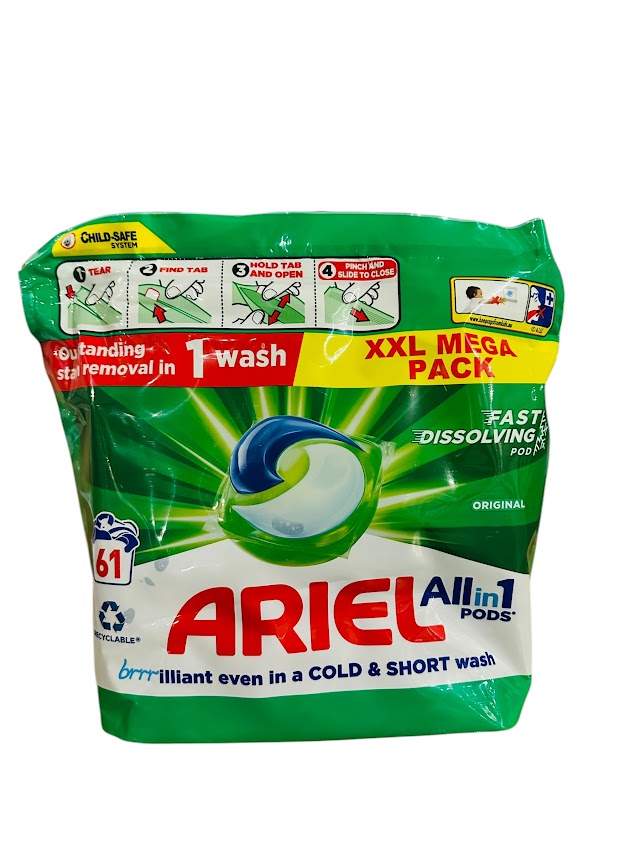 Ariel Allin1 Pods Original 61 lavages – Capsules de lessive – Élimination puissante des taches – Nettoyage en profondeur – Fraîcheur durable