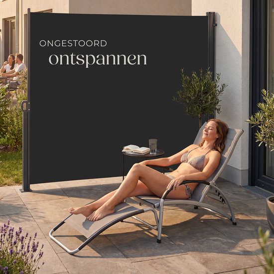 tectake® Pare-vent télescopique avec mécanisme d'enroulement - 300 x 180 cm - Auvent latéral avec armature en aluminium - Pare-soleil - Pare-vue de jardin - Pare-vue noir pour balcon - Pare-vue opaque - Toile de store