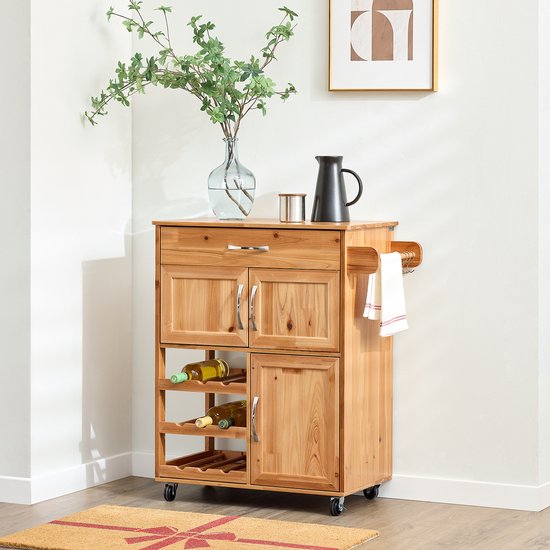 SoBuy Chariot de cuisine avec tiroirs et casier à vin, meubles de cuisine sur roues avec plan de travail, îlot de cuisine compact, couleur naturelle, 66×38×86 cm - FKW45-N