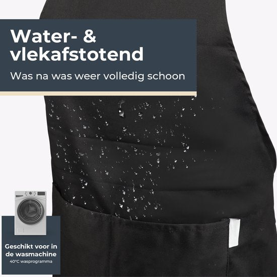 Tablier de cuisine - Résistant à l'eau et à la saleté - Tablier de cuisine professionnel - Tablier pour femmes et hommes - Tablier de traiteur - Unisexe - Boucle réglable - Compartiments extra-larges - Noir