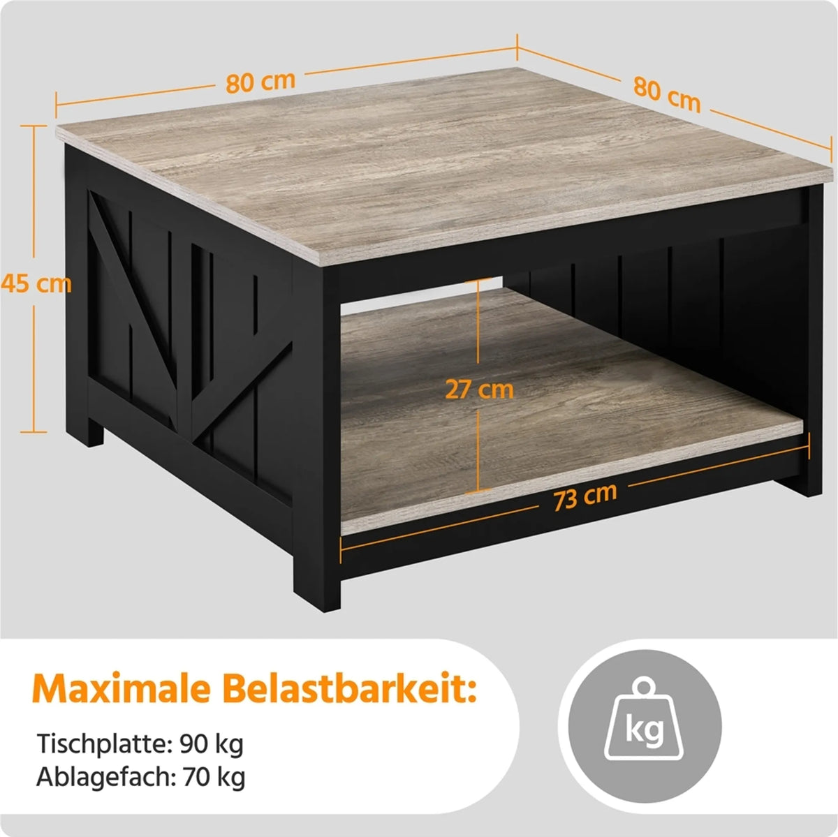 Yaheetech Table basse carrée - 80 x 80 x 45 cm - avec compartiment de rangement spacieux, design de porte de grange et placage en grain de bois - pour le salon et la salle de séjour - MDF gris E1