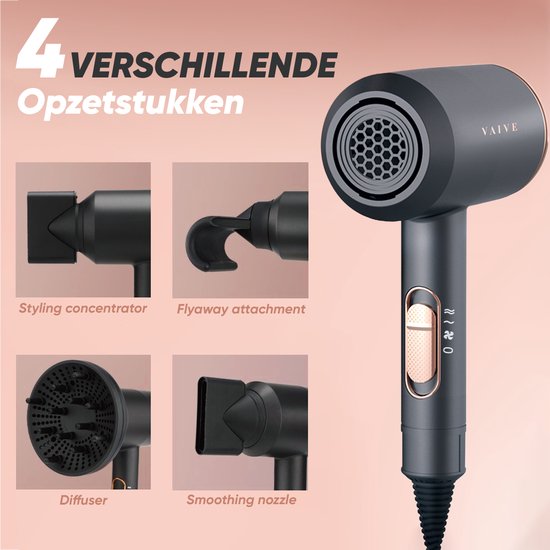 VAIVE Sèche-cheveux ionique avec diffuseur - Sèche-cheveux 2000 Watts - Sèche-cheveux avec Coolshot - 3 réglages