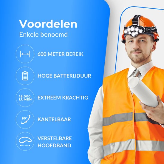 PuroTech Military Headlamp - Lampe frontale LED rechargeable - Extra puissante - Lampe frontale - Lampe frontale 8 LED - 18000 lumens - Portée 600 mètres - Réglable - Torche militaire