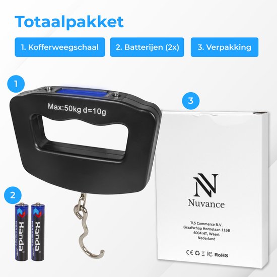 Nuvance - Pèse-bagages numérique - Pèse-bagages jusqu'à 50 KG - Piles incluses - Pèse-bagages - Pèse-bagages à affichage numérique - Pèse-bagages suspendu