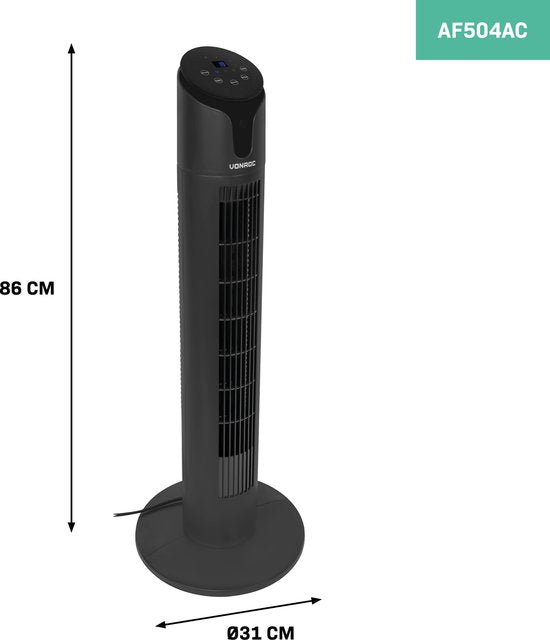 VONROC Luxury Fan - Ventilateur de tour - hauteur 86 cm - télécommande incluse - 3 vitesses - fonction swing - minuterie de 15 heures - noir