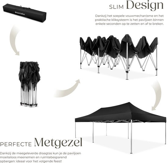 Pavillon pliable tectake® - Pliable et imperméable - Pavillon de jardin avec 4 panneaux latéraux - S'accompagne de piquets, de cordes de tension et d'un sac de rangement - Auvent de terrasse, tente de fête - 6 x 3 m - Noir